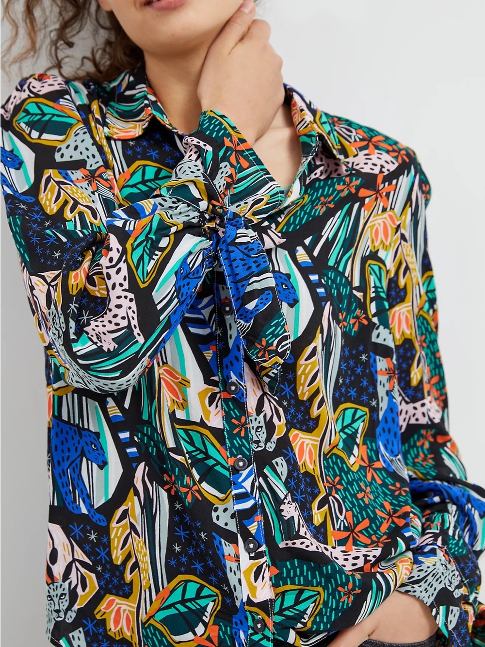 Anthropologie x Margaret Jeane Jungle Print Tie-Cuff Blouse, Size 4